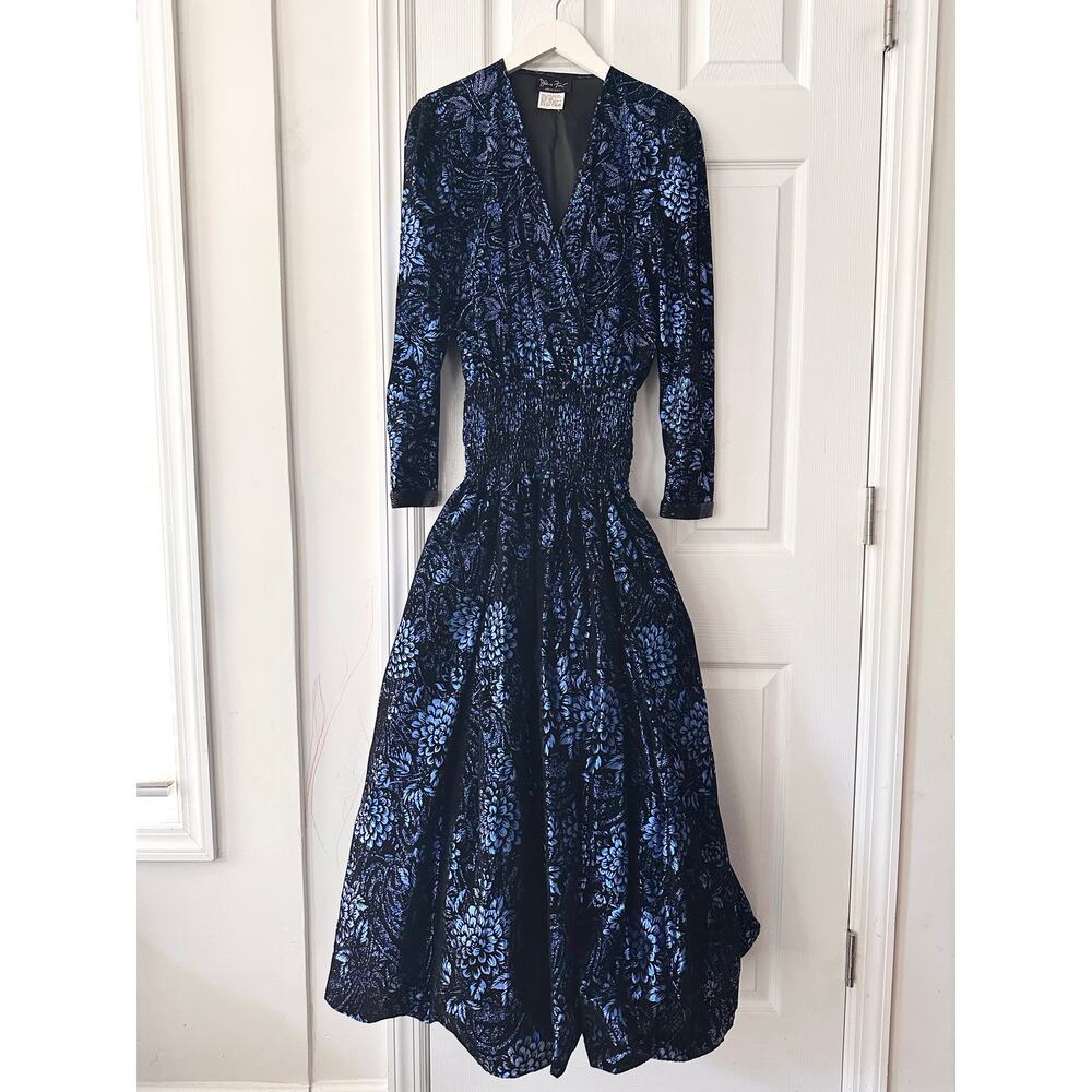 Diane Freis Original Vintage Dark Blue Beaded Floral Evening Formal Dress Wrap